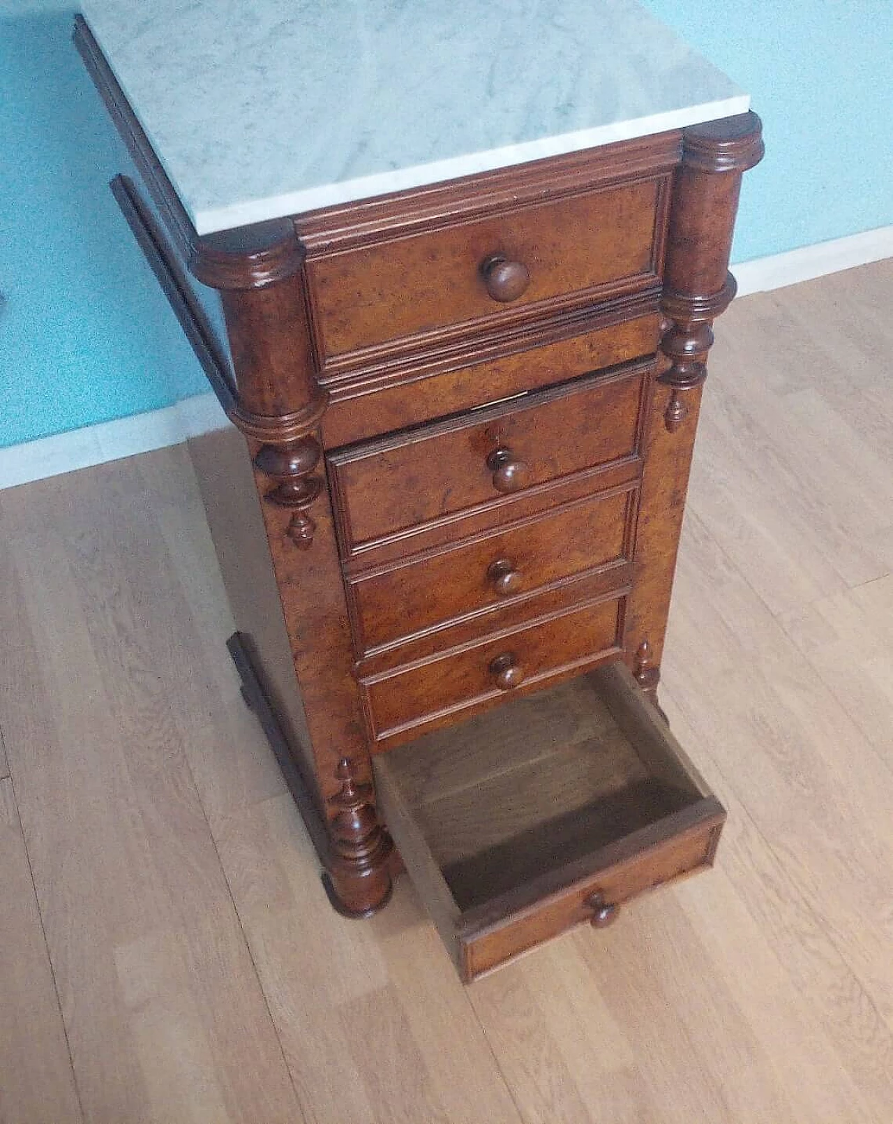 Wooden bedside table with white Carrara marble top, 19th century 1346376