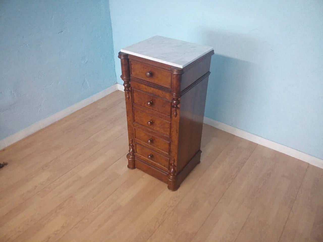 Wooden bedside table with white Carrara marble top, 19th century 1346377