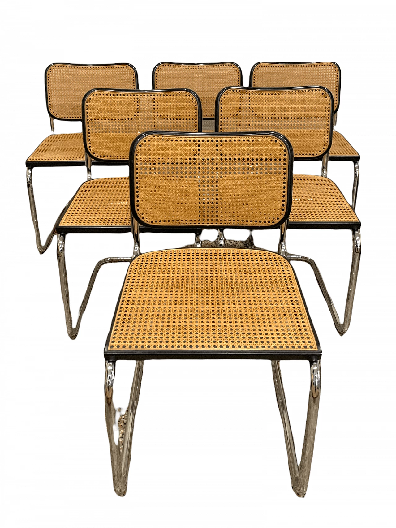 6 Cesca chairs in tubular steel, wood and straw by Marcel Breuer for Gavina, 60s 1347029