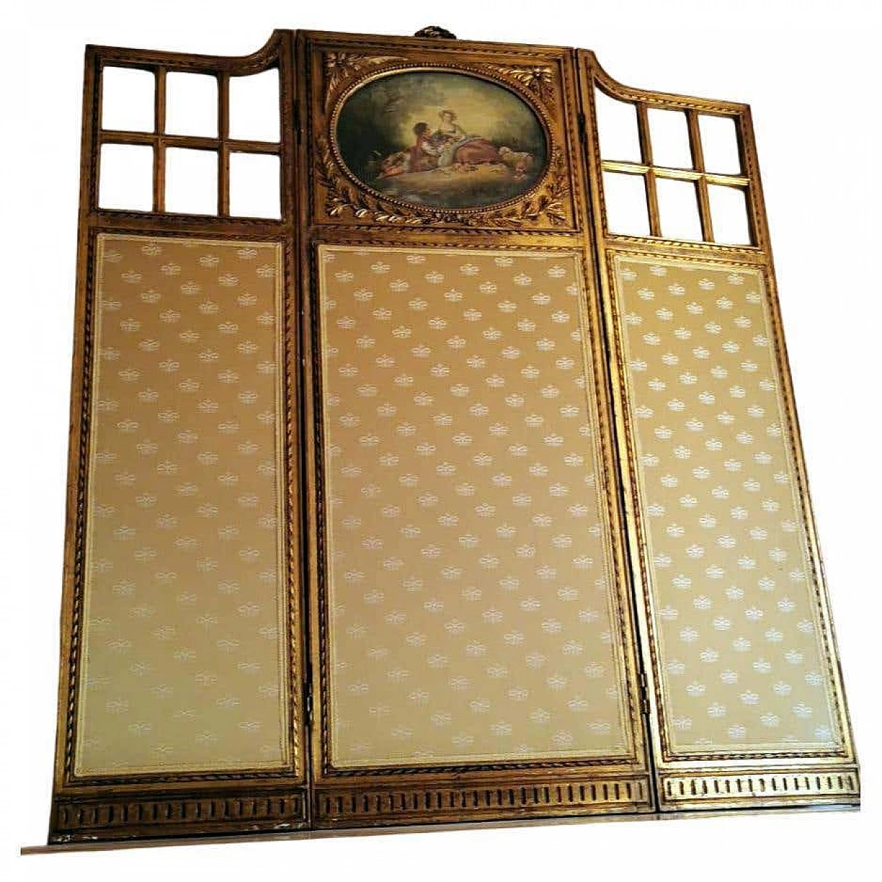 Louis XVI style screen in gilded wood with oil painting and ground glass, 20s 1347067
