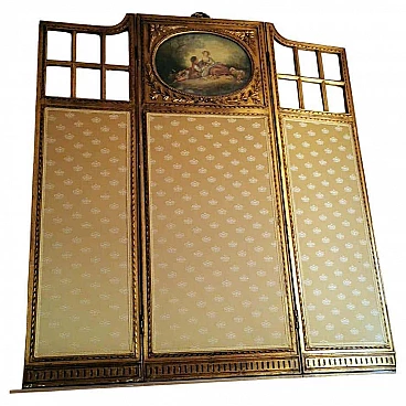 Louis XVI style screen in gilded wood with oil painting and ground glass, 20s