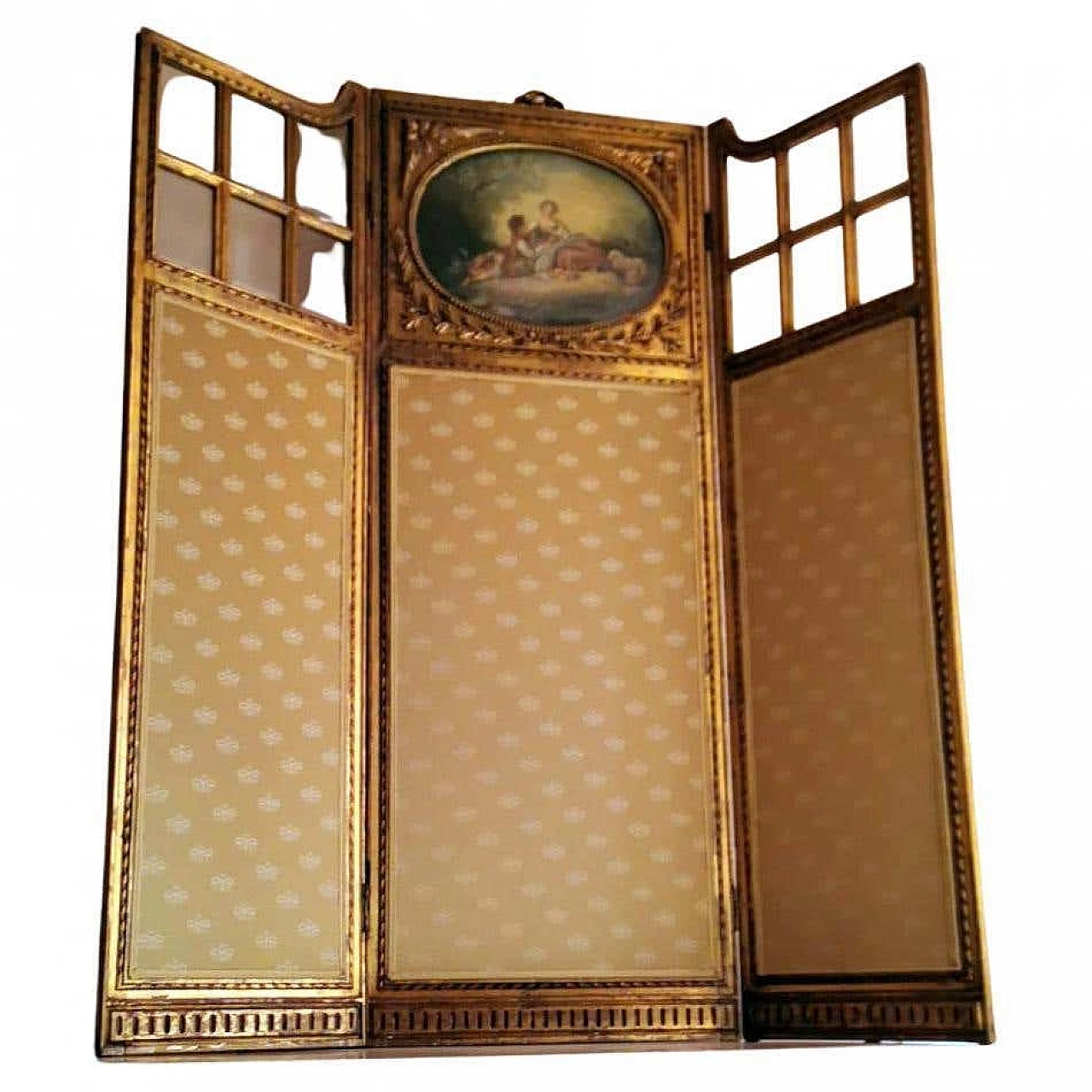 Louis XVI style screen in gilded wood with oil painting and ground glass, 20s 1347068
