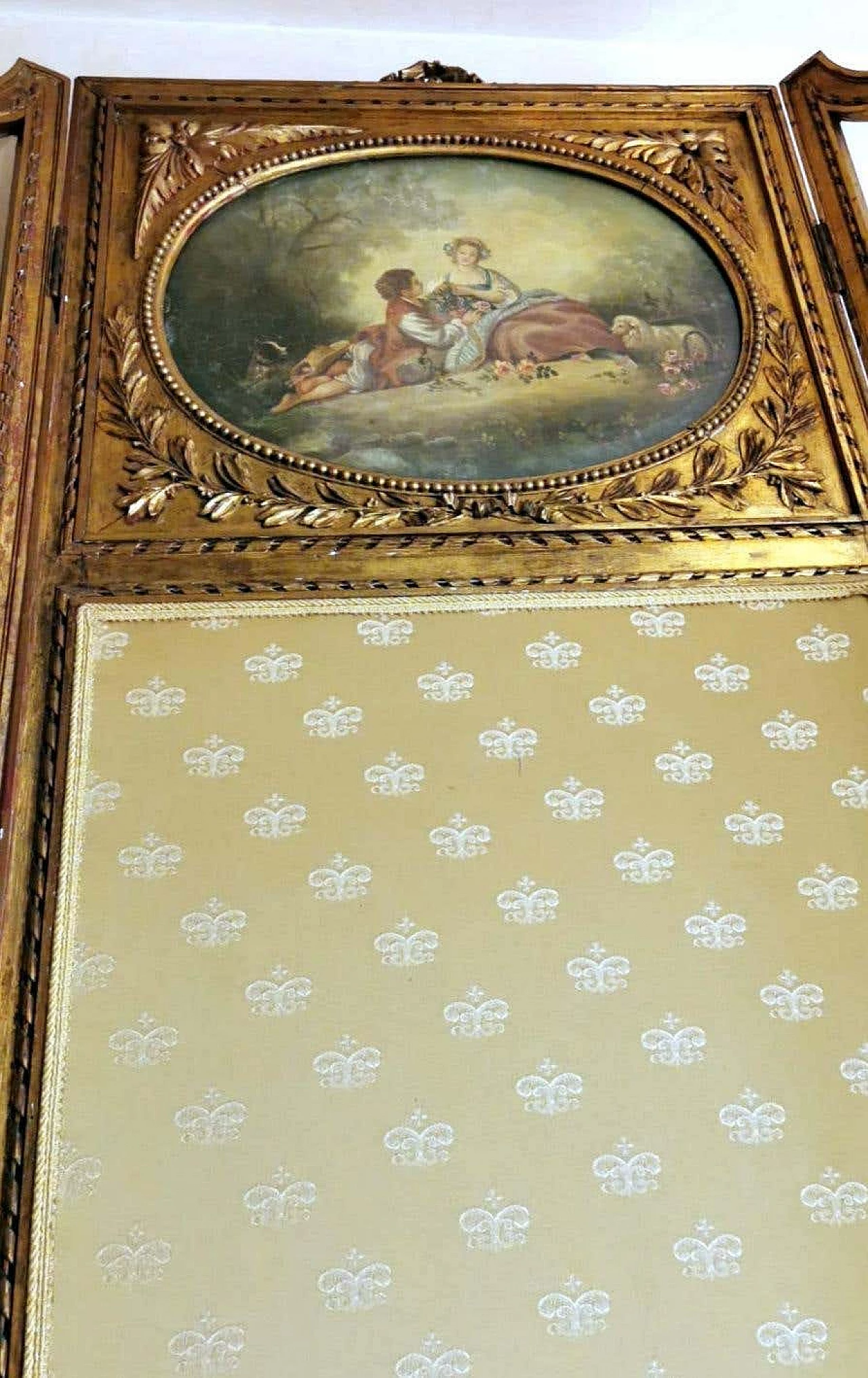 Paravento in stile Luigi XVI in legno dorato con dipinti a olio e vetro smerigliato, anni '20 1347075