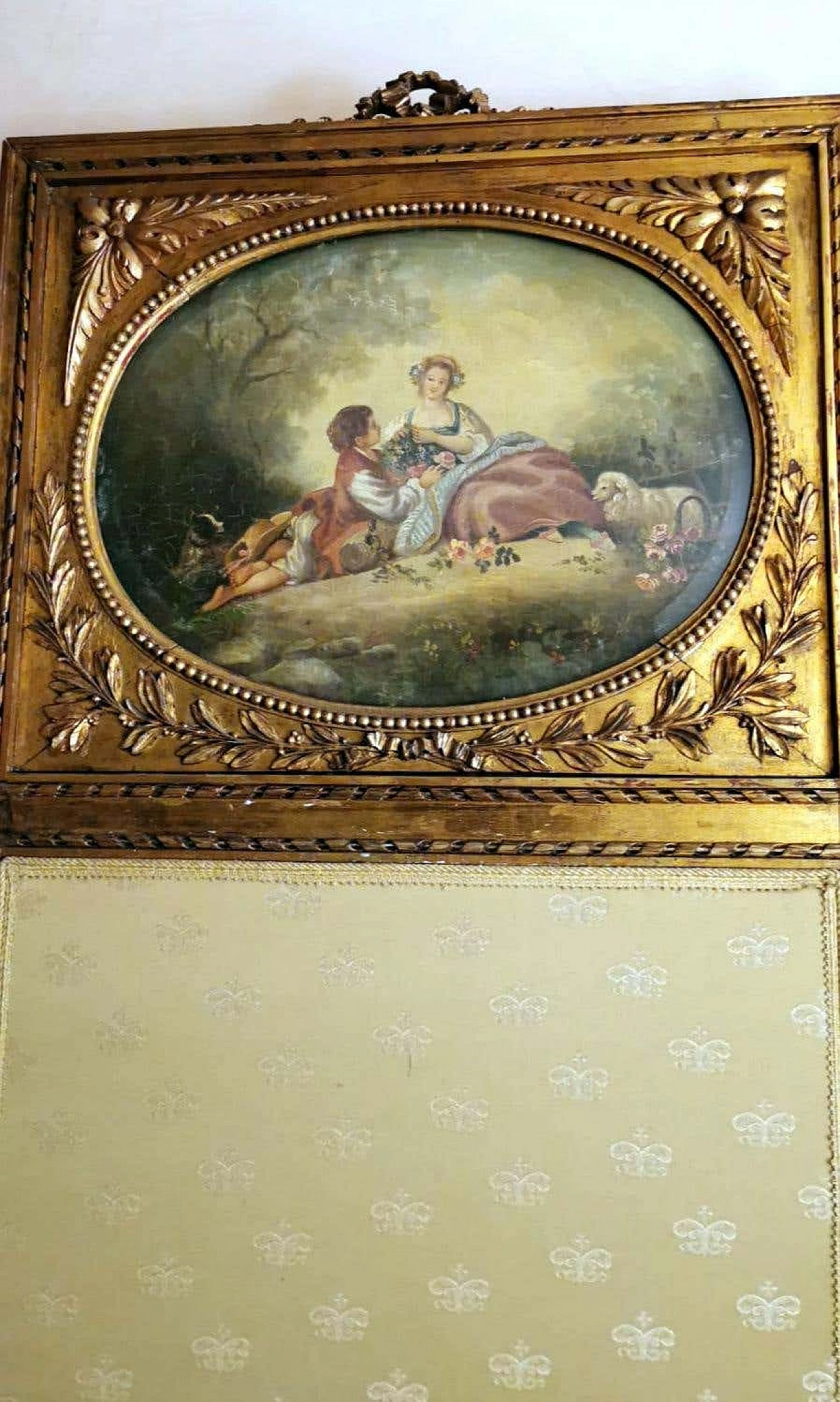 Louis XVI style screen in gilded wood with oil painting and ground glass, 20s 1347078