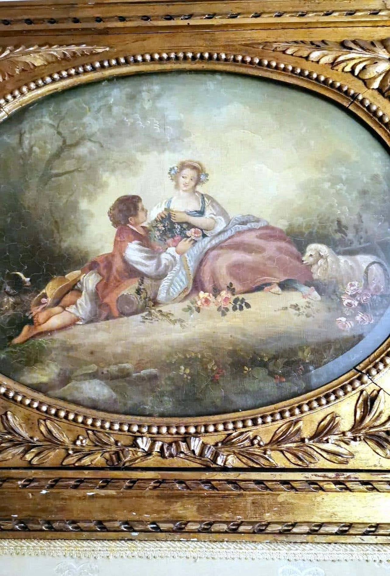 Louis XVI style screen in gilded wood with oil painting and ground glass, 20s 1347079