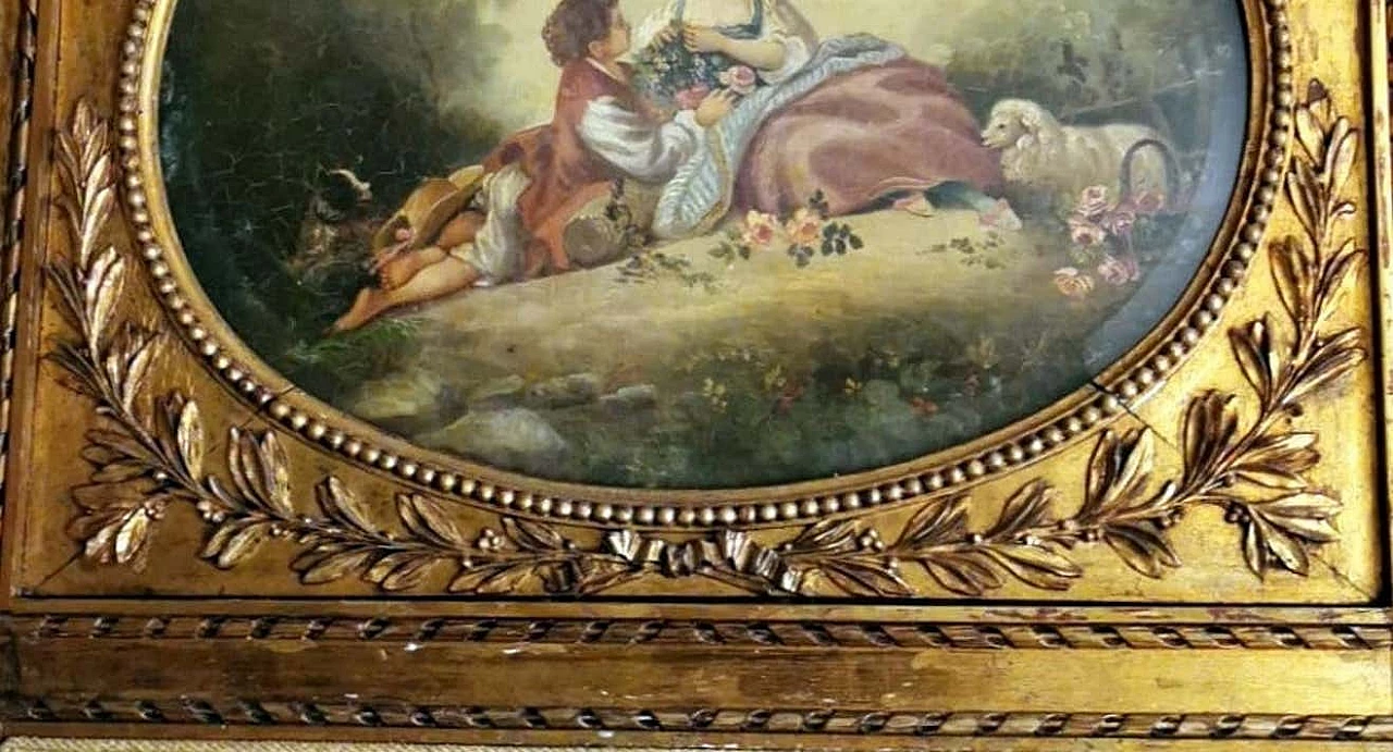 Louis XVI style screen in gilded wood with oil painting and ground glass, 20s 1347085