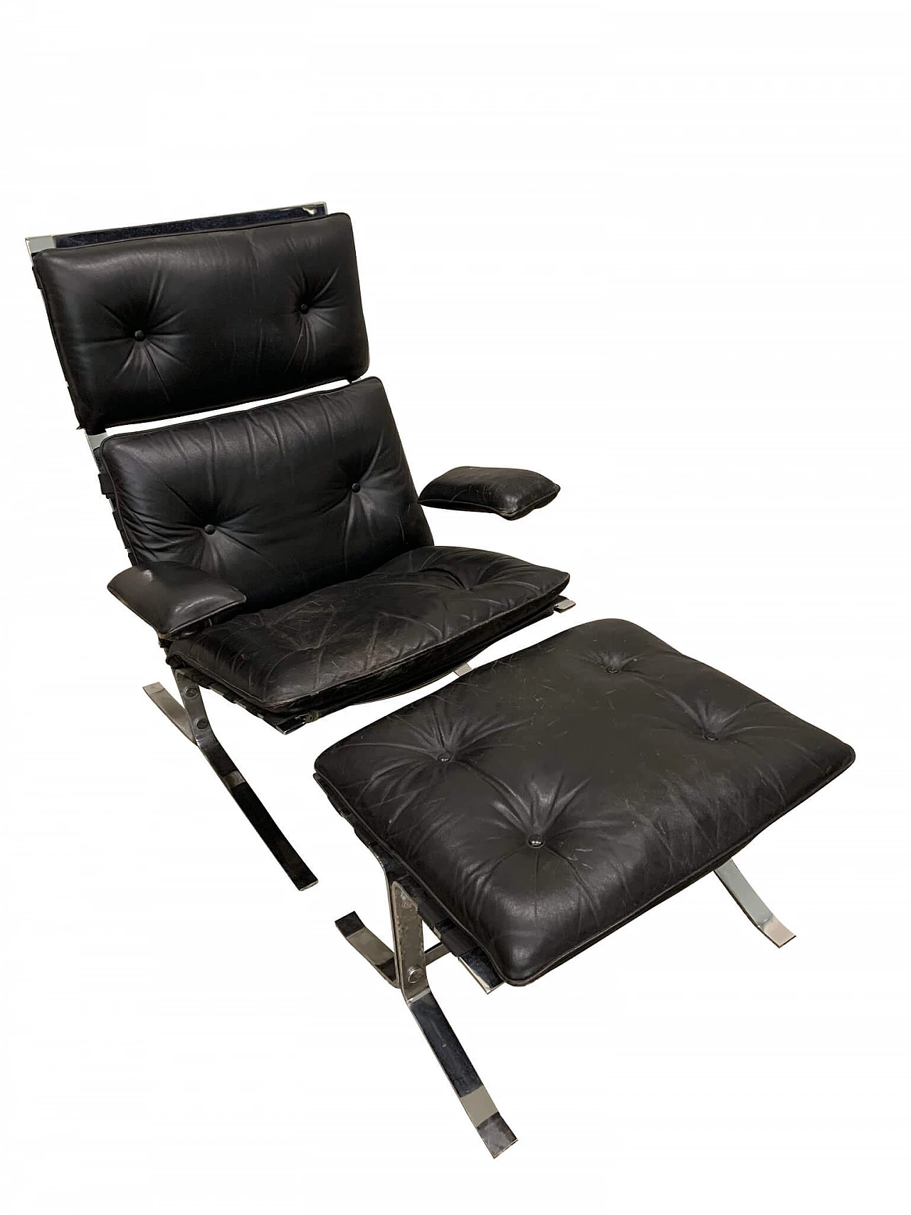 Lounge chair con poggiapiedi in pelle e acciaio di Olivier Mourgue per Airborn, anni '60 1347305