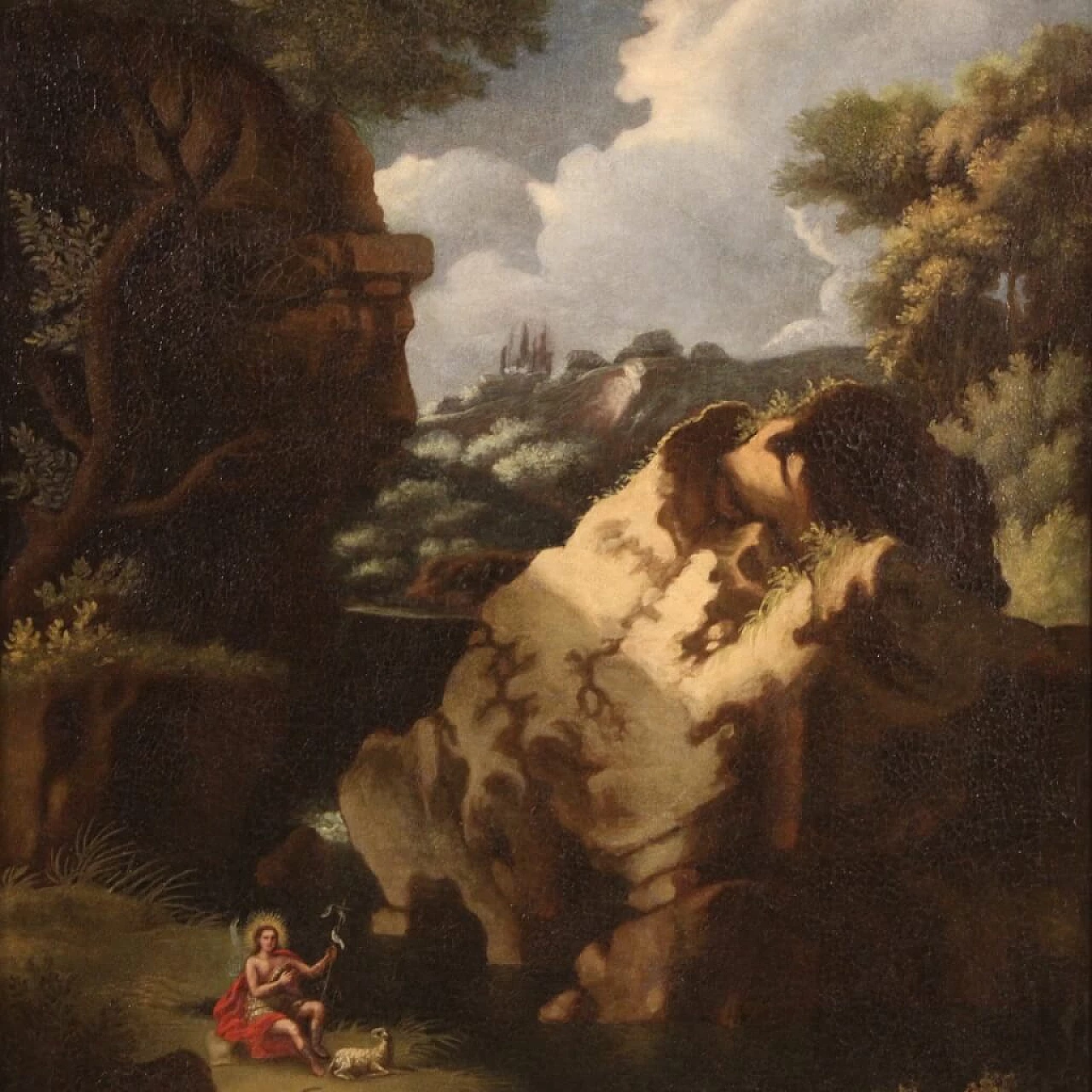 Paesaggio boschivo con San Giovanni Battista, dipinto a olio su tela, prima metà del '700 1348213