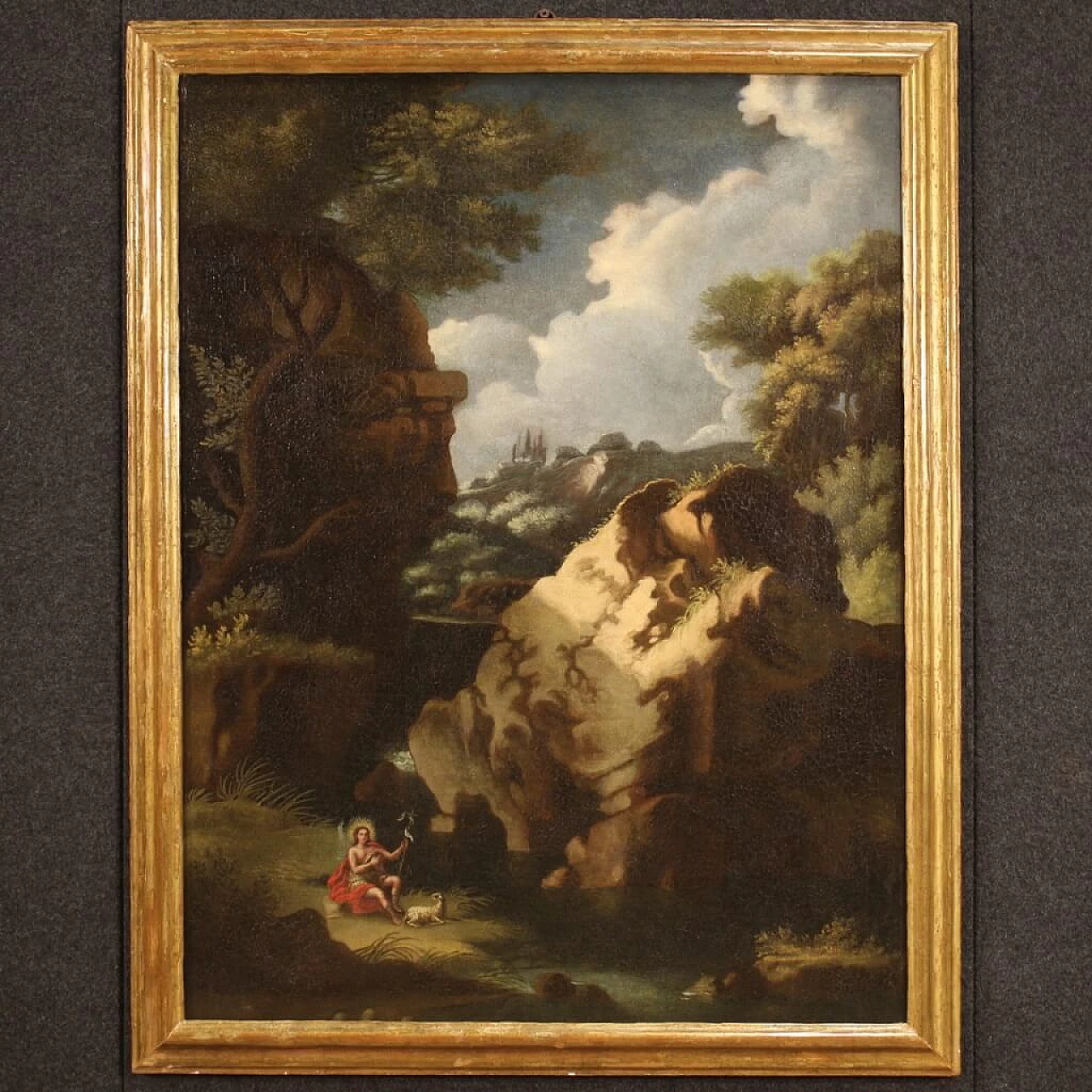 Paesaggio boschivo con San Giovanni Battista, dipinto a olio su tela, prima metà del '700 1348214