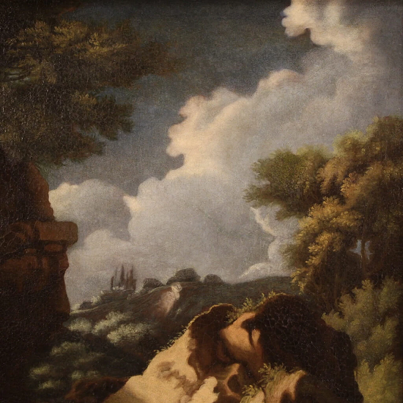 Paesaggio boschivo con San Giovanni Battista, dipinto a olio su tela, prima metà del '700 1348216