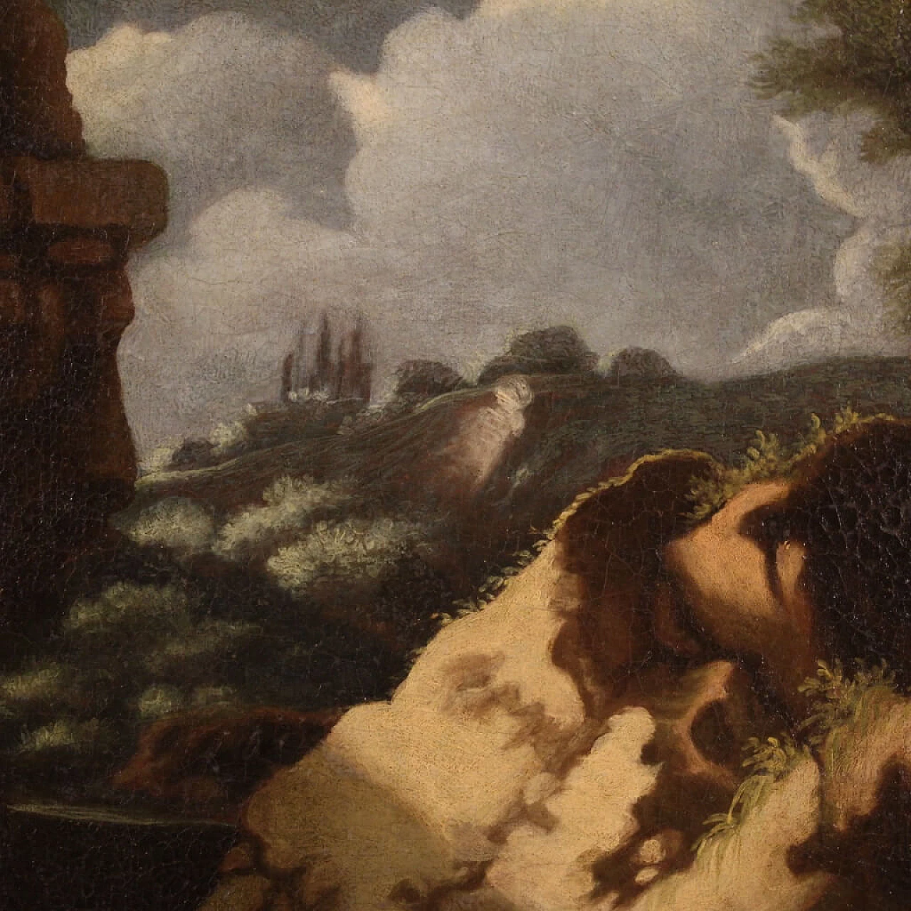 Paesaggio boschivo con San Giovanni Battista, dipinto a olio su tela, prima metà del '700 1348218