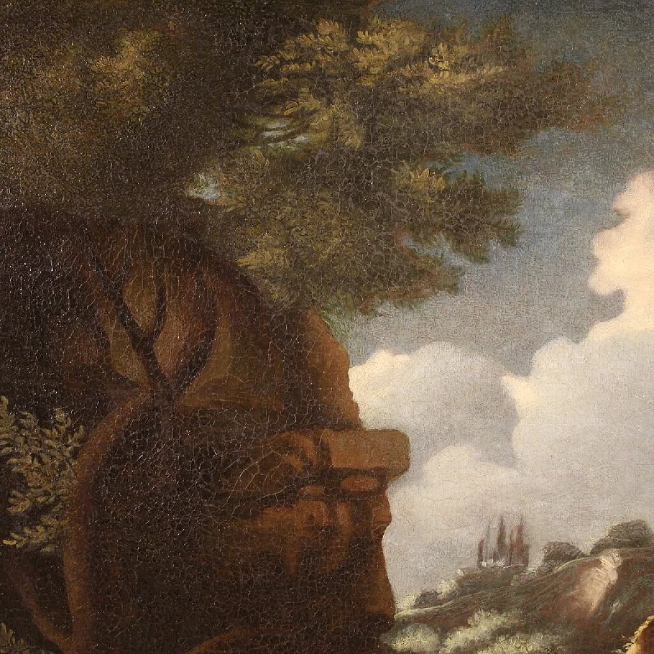 Paesaggio boschivo con San Giovanni Battista, dipinto a olio su tela, prima metà del '700 1348219