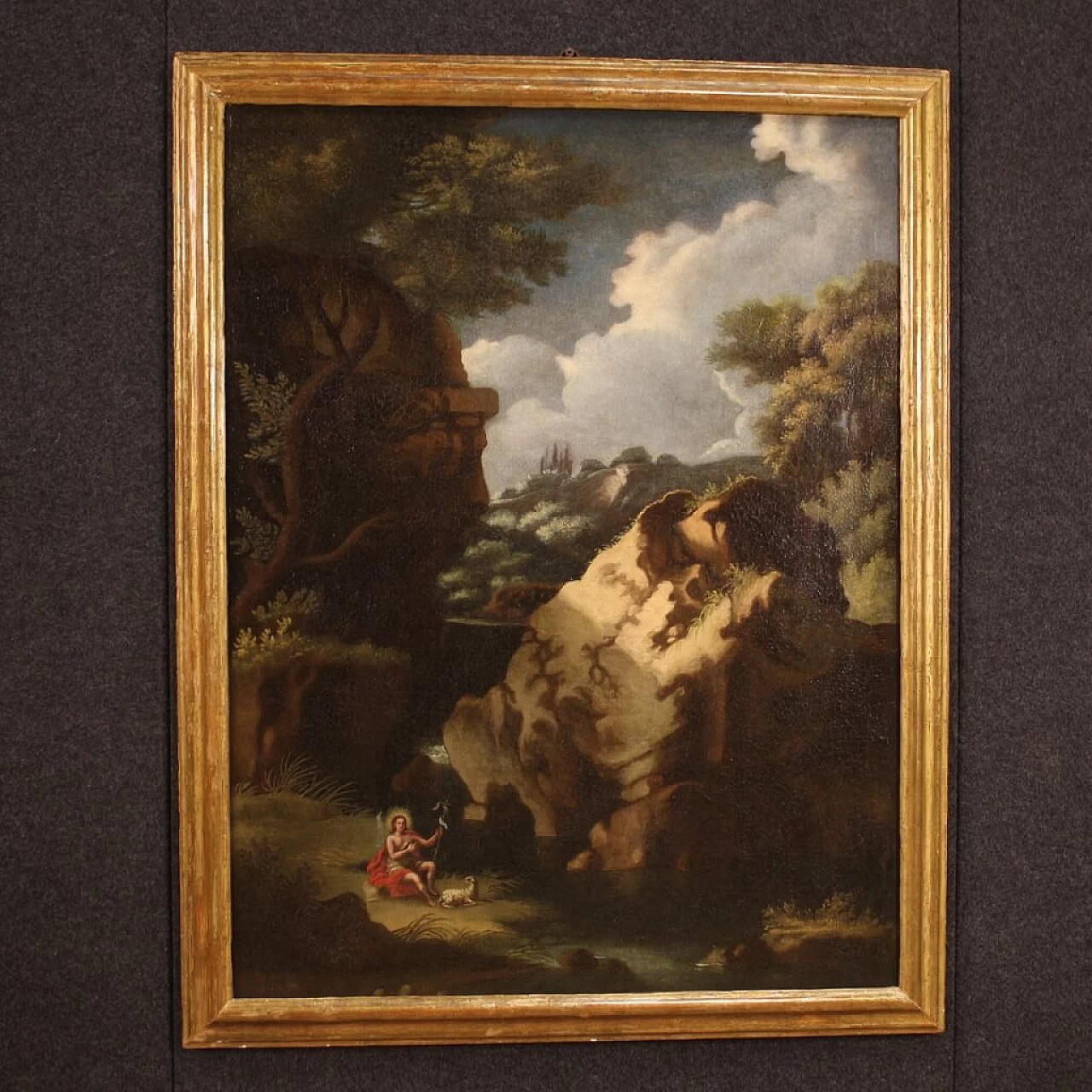 Paesaggio boschivo con San Giovanni Battista, dipinto a olio su tela, prima metà del '700 1348222