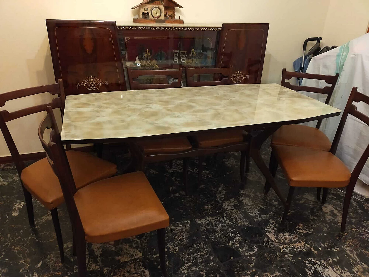 Room with 2 sideboards, 6 chairs and a table, 1950s 1348327