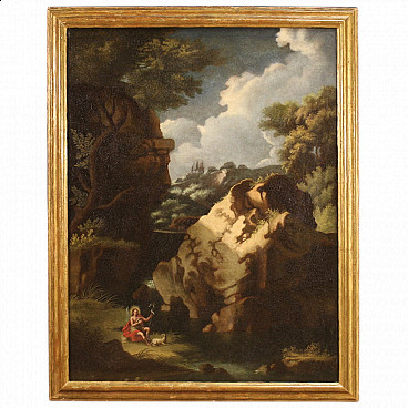 Woodland landscape with Saint John the Baptist, oil painting on canvas, first half of the 18th century