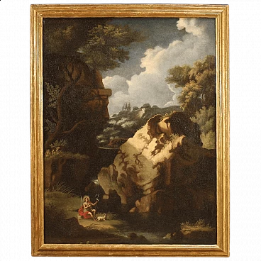 Woodland landscape with Saint John the Baptist, oil painting on canvas, first half of the 18th century