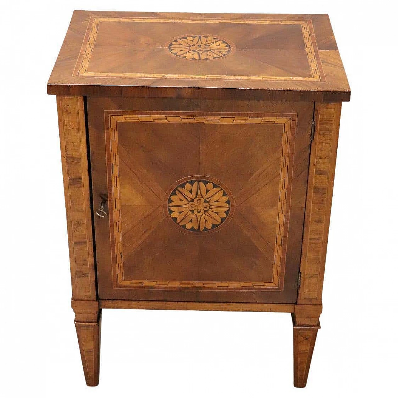 Comodino Luigi XVI in noce intarsiato, '700 1352298