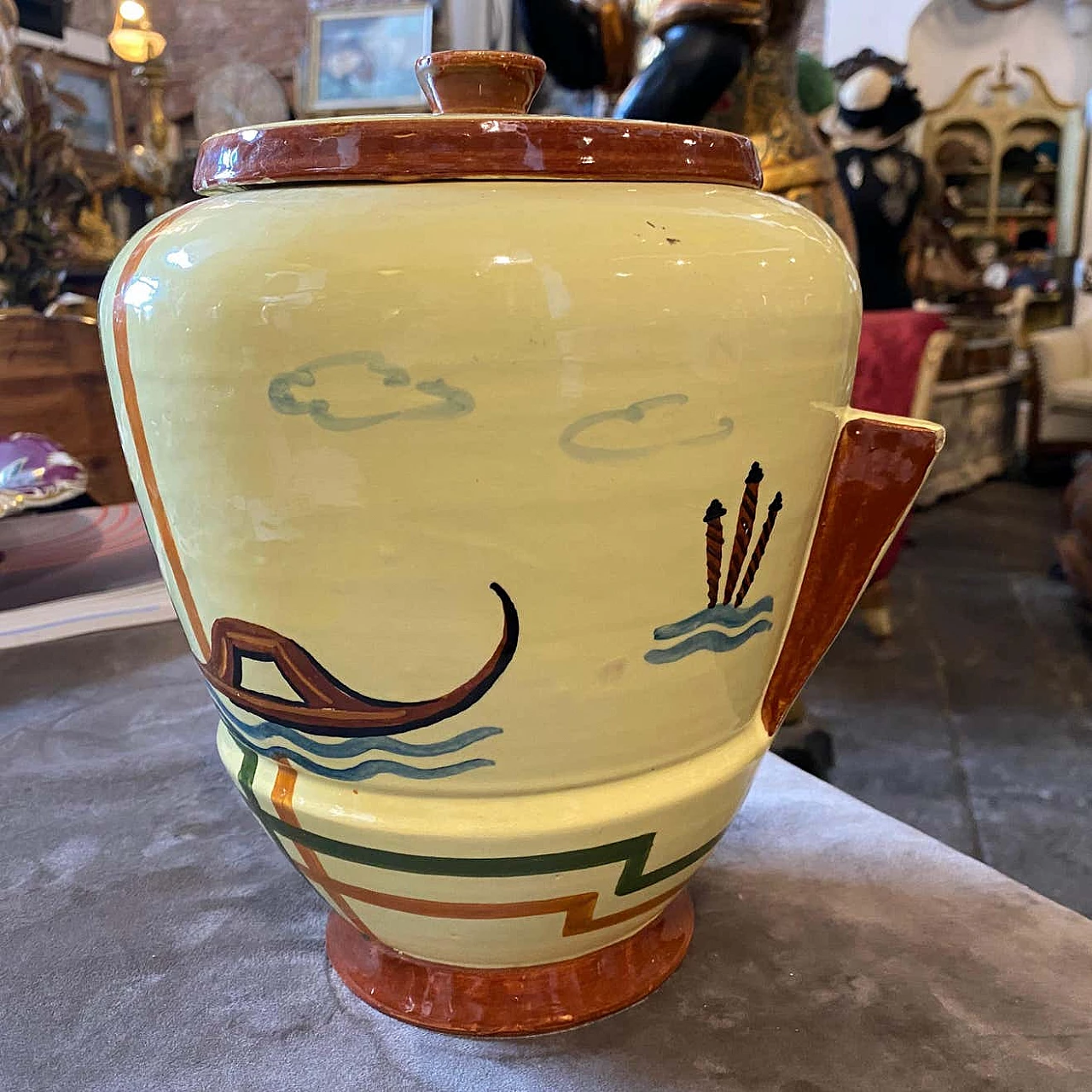 Biscottiera Art Deco in ceramica dipinta a mano di Ceramiche Faenza, anni '30 1354067