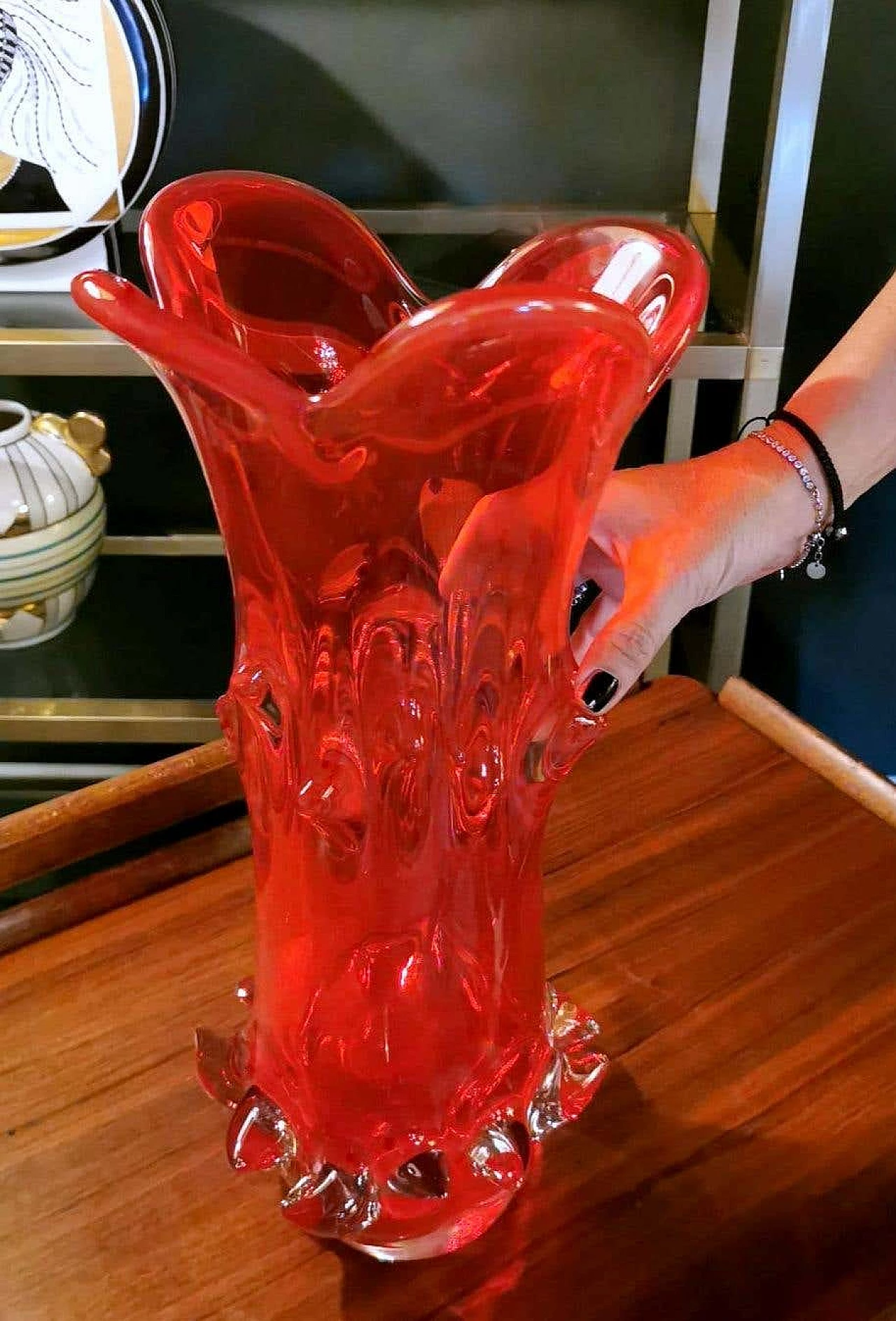 Vaso Spike in vetro di Murano rosso rubino soffiato a mano, anni '60 1355215