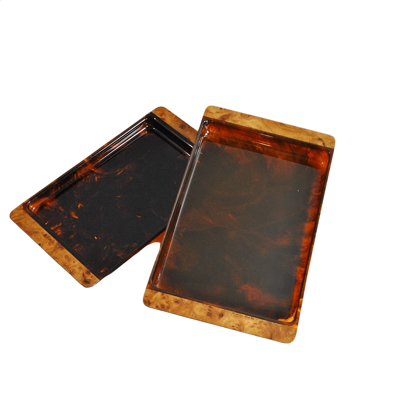 Pair of trays in plexiglass tortoiseshell effect with briarwood handles, 70s 1355410