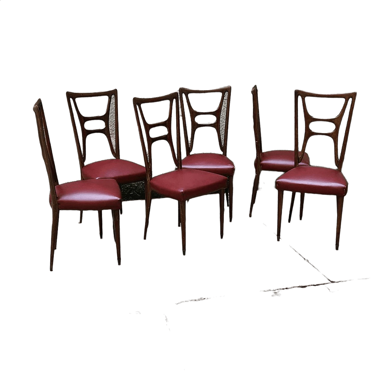6 Dining chairs in walnut and leatherette with brass tips, 50s 1355412
