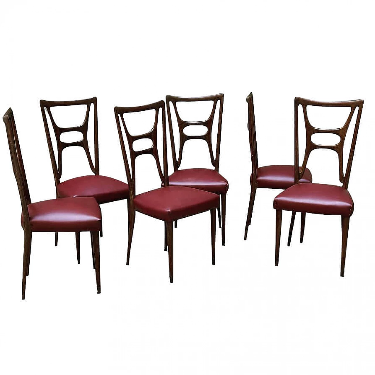 6 Dining chairs in walnut and leatherette with brass tips, 50s 1355463