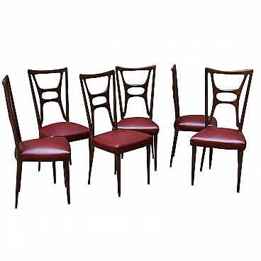 6 Dining chairs in walnut and leatherette with brass tips, 50s