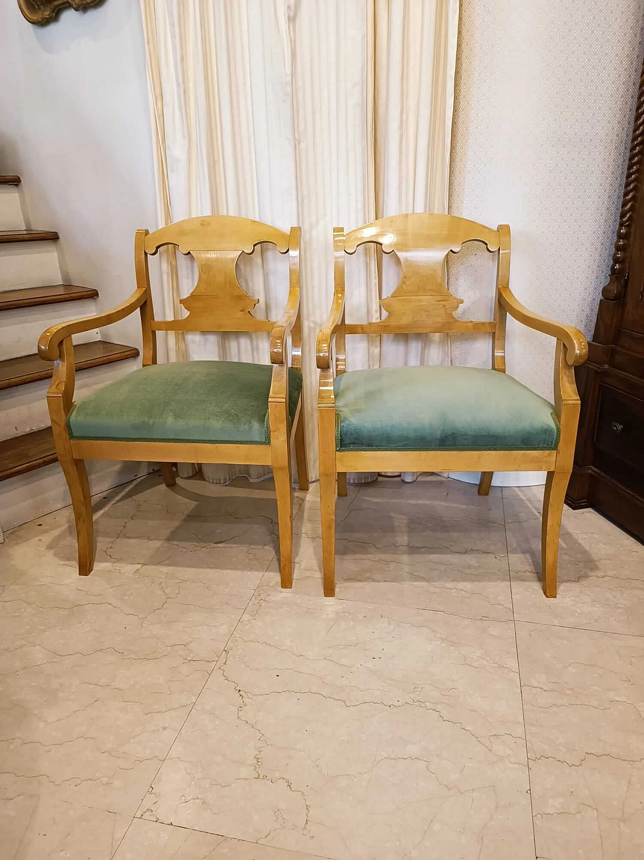 Pair of Biedermeier birch armchairs, 19th century 1356939