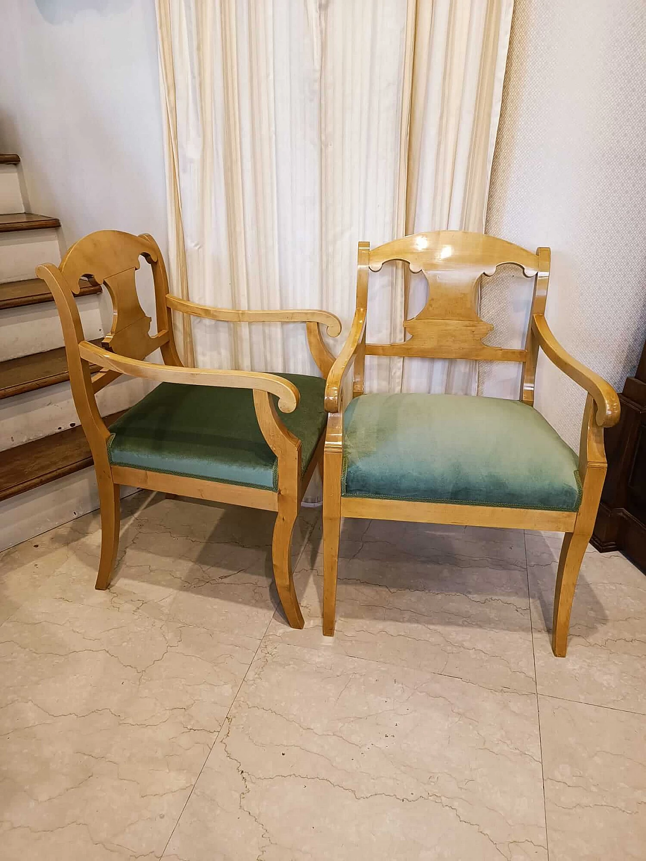 Pair of Biedermeier birch armchairs, 19th century 1356940