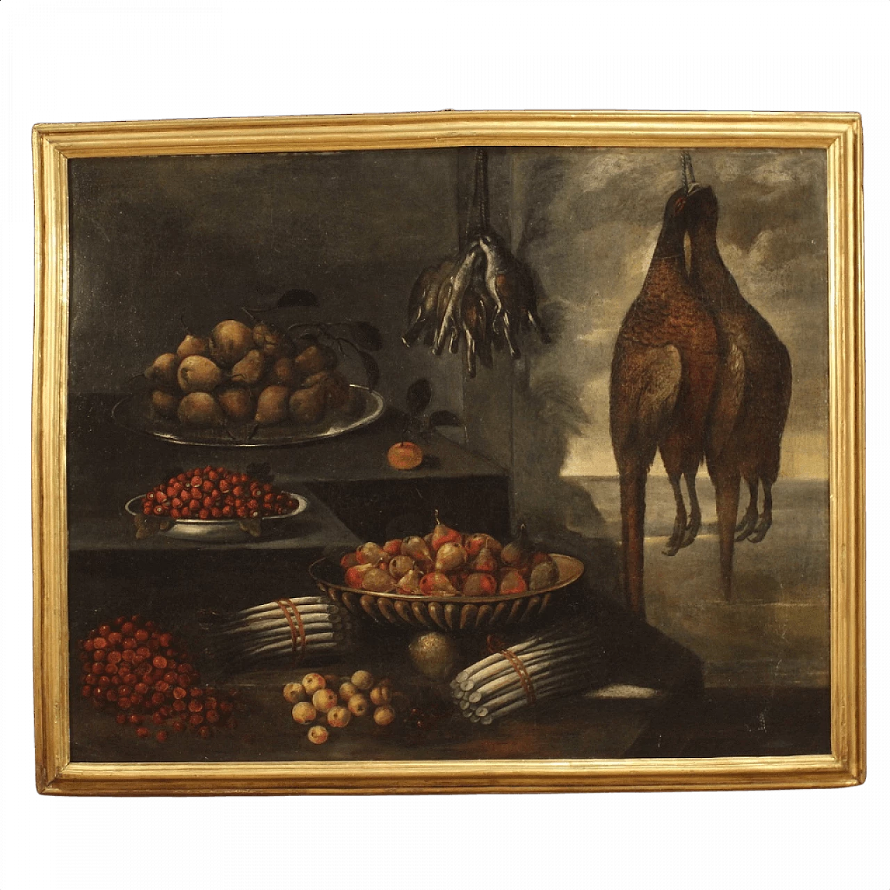 Natura morta con frutta e cacciagione, dipinto a olio su tela, '600 1357016