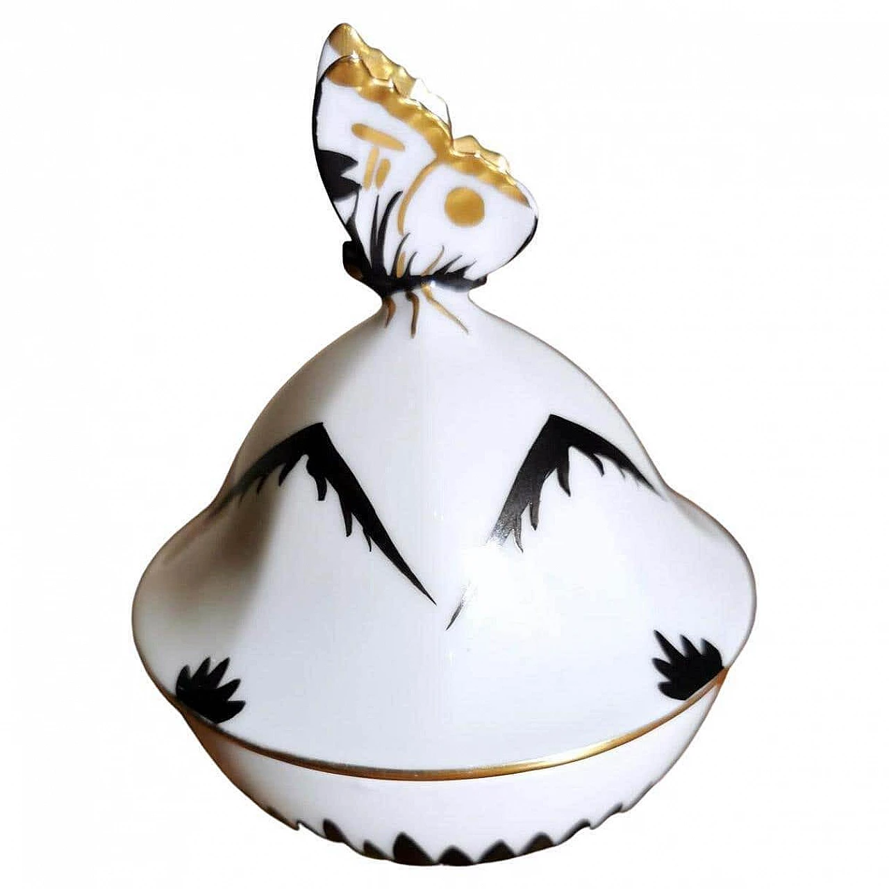Art Deco box with butterfly in black and white porcelain, 30s 1357253