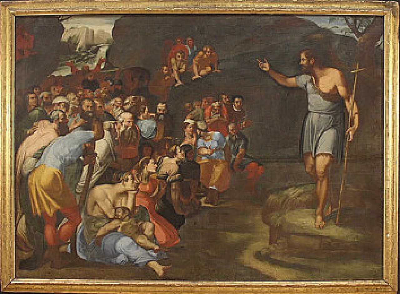 La predica di San Giovanni Battista, grande dipinto italiano olio su tela, fine '500 1357385