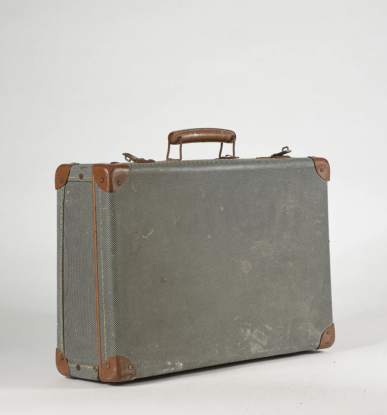 Checkered suitcase in rigid cardboard and leatherette, 50s 1357414