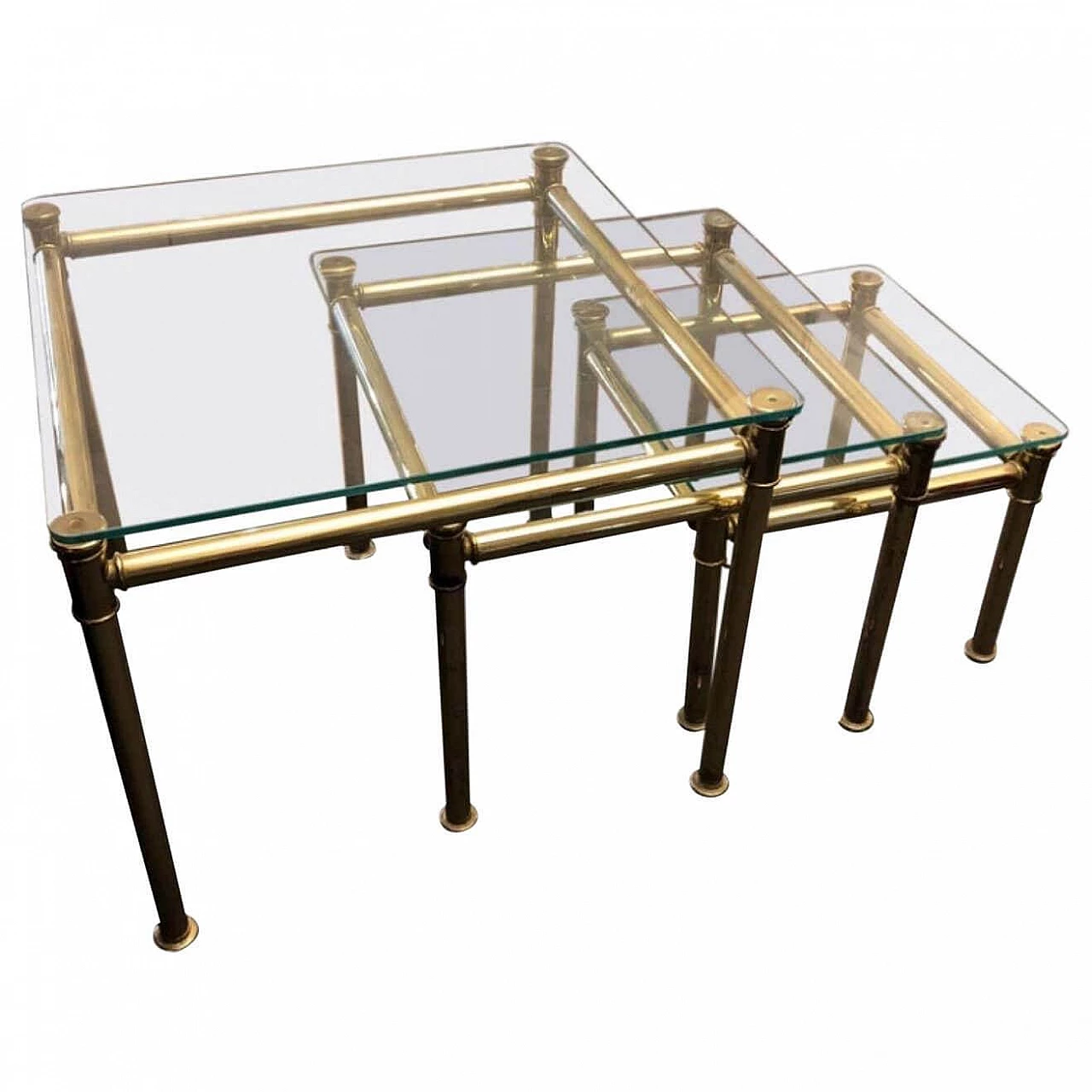 3 Nesting tables in brass and glass, 60s 1357780
