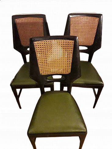 3 Ebony, skai and Vienna straw chairs in Vittorio Dassi style, 1950s
