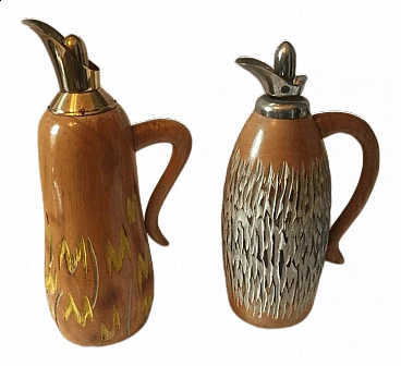 Pair of walnut shaped thermos decanter in wood and chromed metal by Aldo Tura for Macabo, 50s