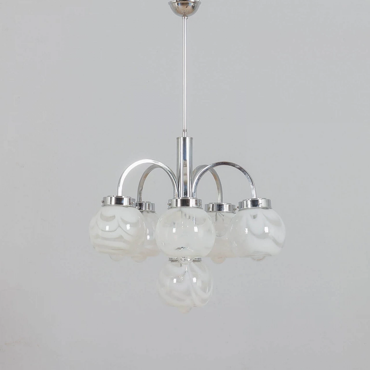 Chandelier in the style of Mazzega in two color Murano glass shades and chrome-plated steel, 70s 1360498