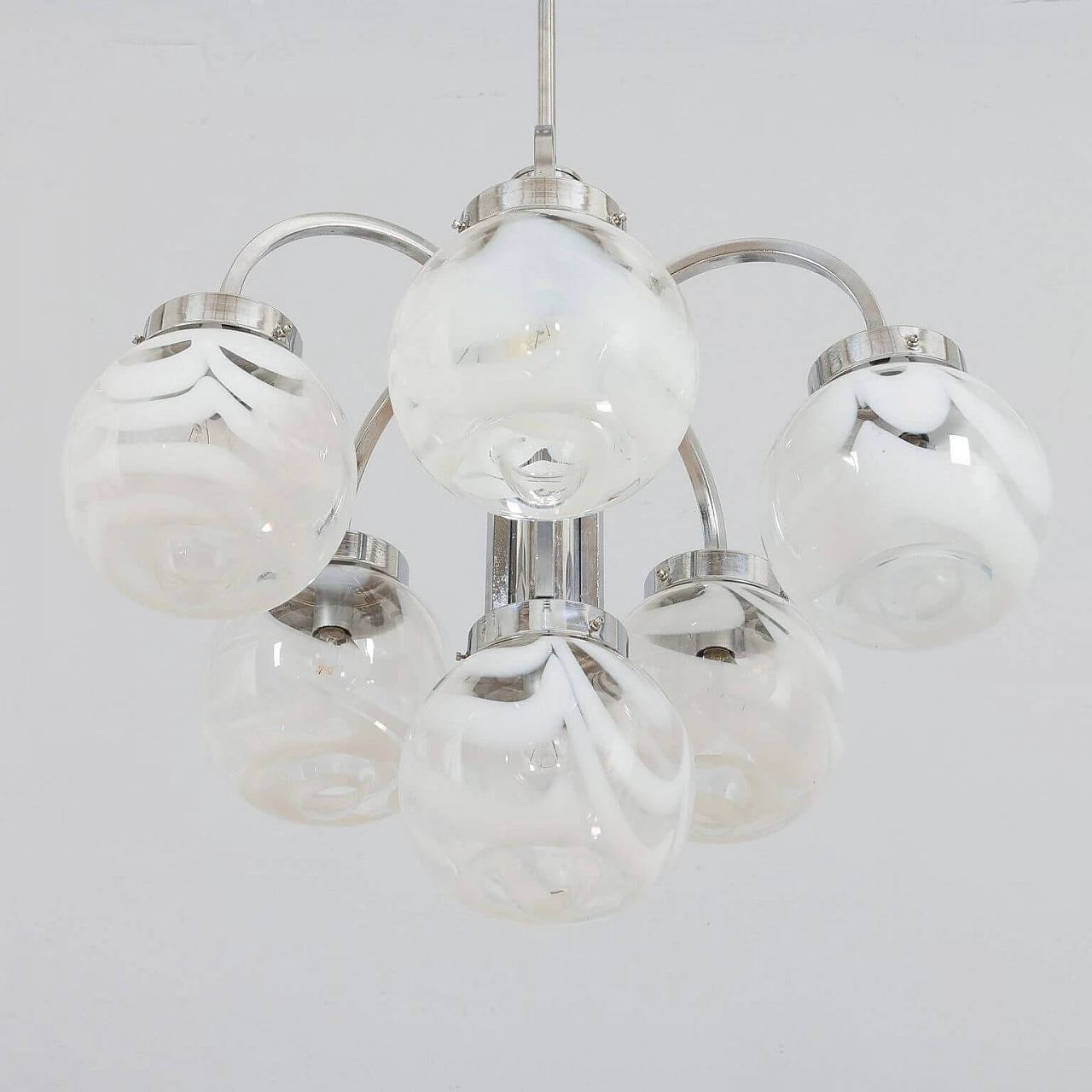 Chandelier in the style of Mazzega in two color Murano glass shades and chrome-plated steel, 70s 1360500