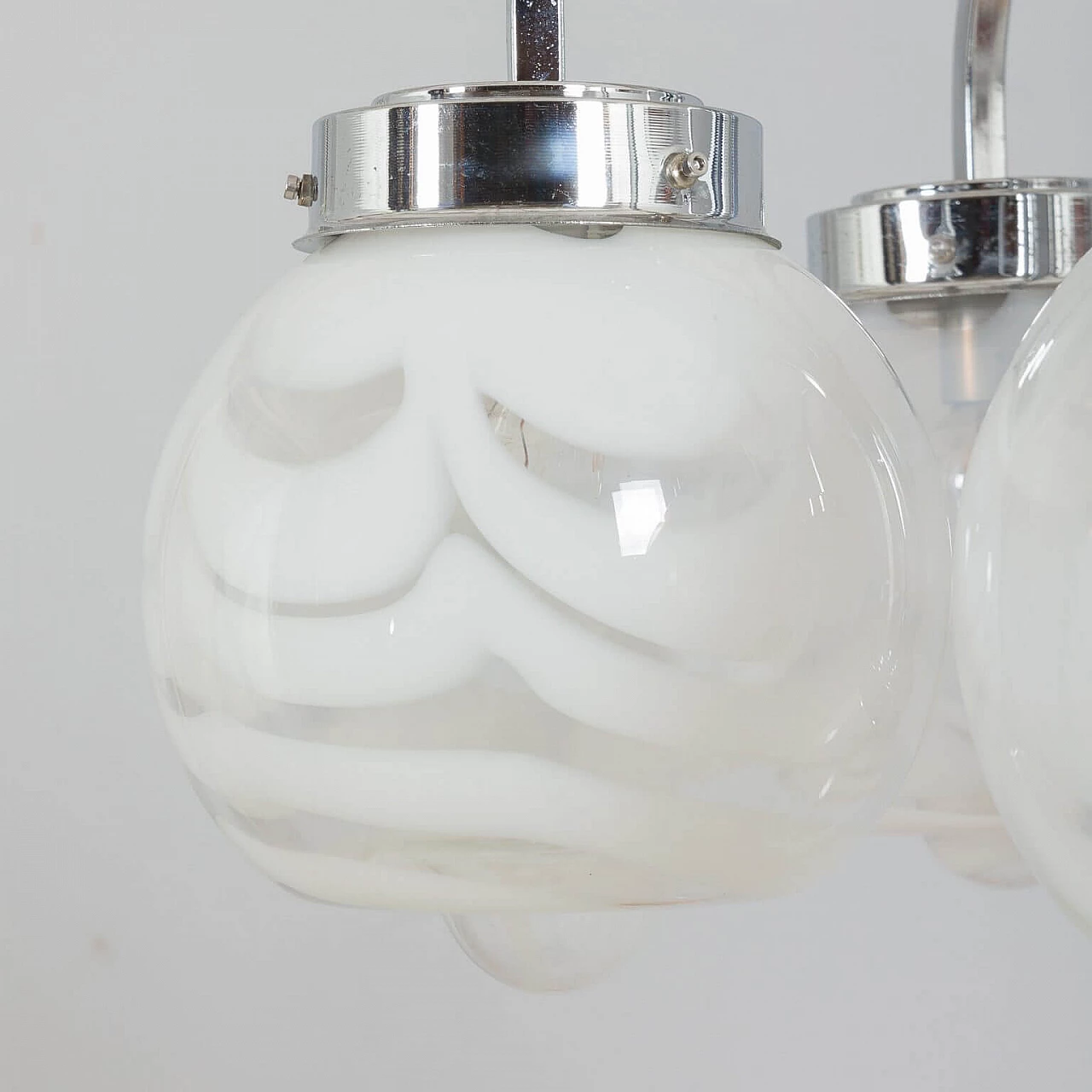 Chandelier in the style of Mazzega in two color Murano glass shades and chrome-plated steel, 70s 1360501