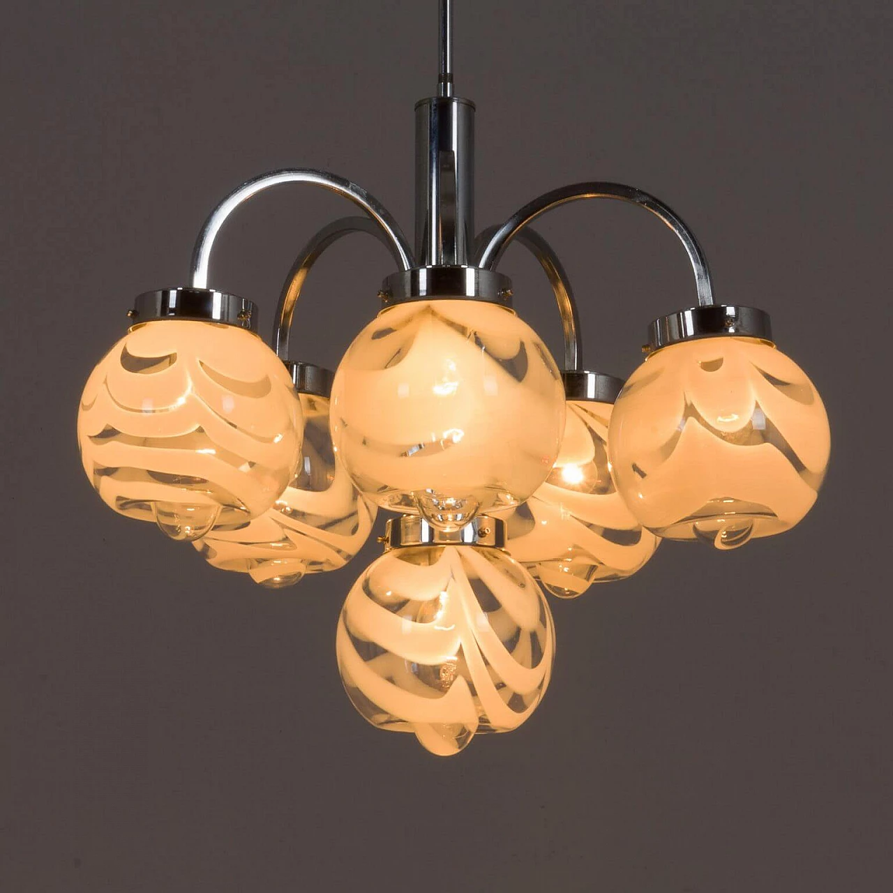 Chandelier in the style of Mazzega in two color Murano glass shades and chrome-plated steel, 70s 1360505
