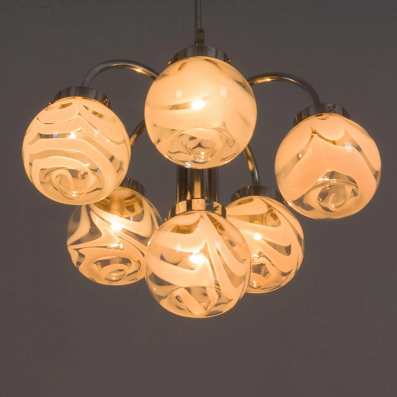 Chandelier in the style of Mazzega in two color Murano glass shades and chrome-plated steel, 70s 1360506