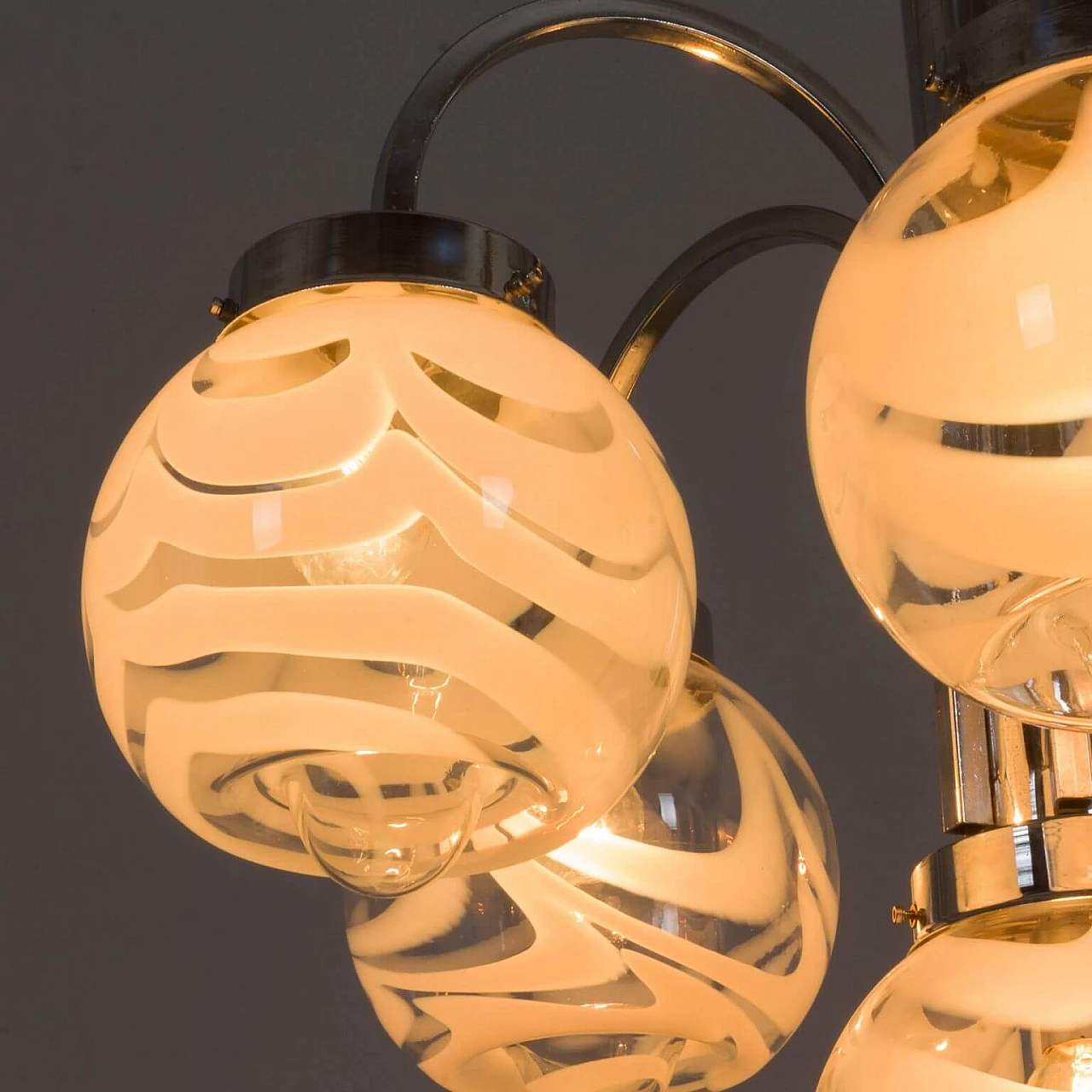 Chandelier in the style of Mazzega in two color Murano glass shades and chrome-plated steel, 70s 1360508