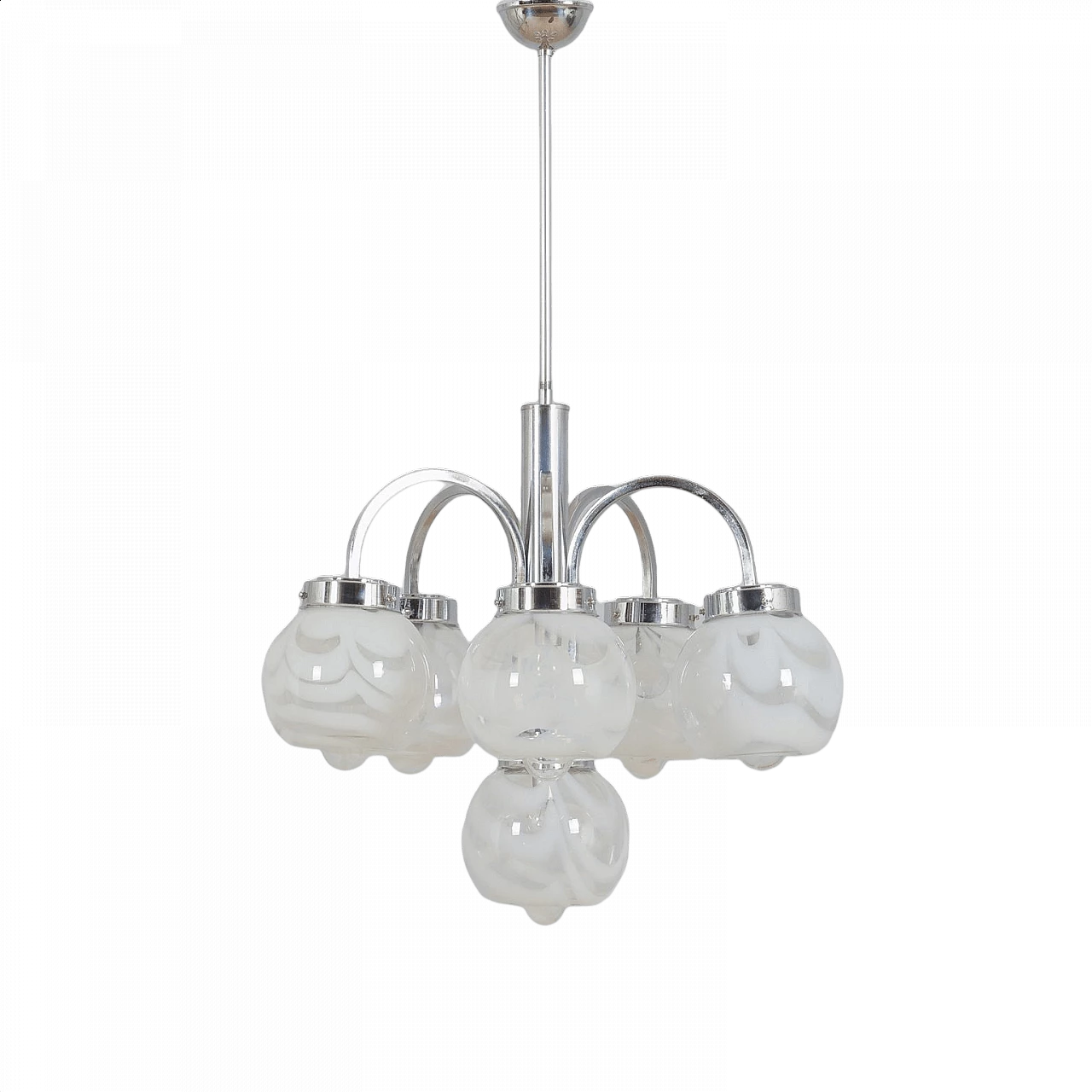 Chandelier in the style of Mazzega in two color Murano glass shades and chrome-plated steel, 70s 1360715