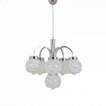 Chandelier in the style of Mazzega in two color Murano glass shades and chrome-plated steel, 70s
