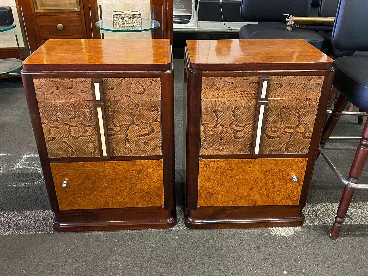 Pair of French Art Deco nightstands with python leather, 1930s 1360841