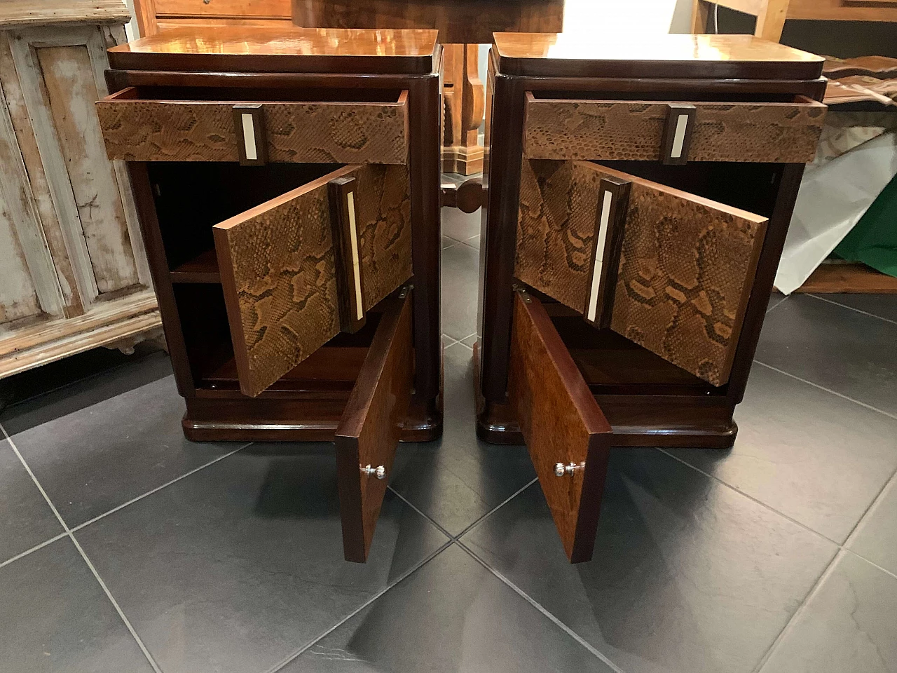 Pair of French Art Deco nightstands with python leather, 1930s 1360842