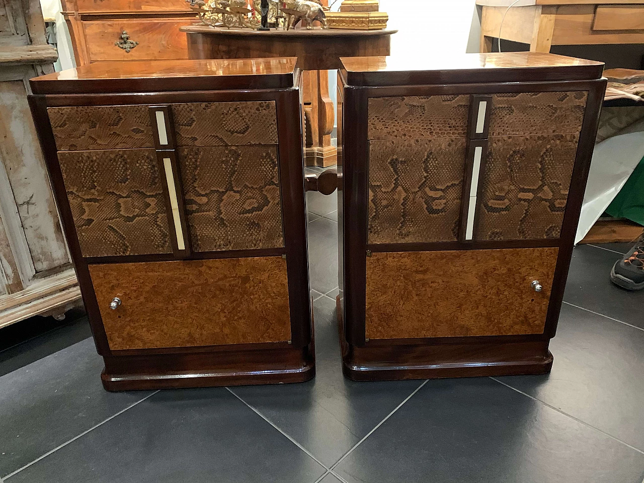 Pair of French Art Deco nightstands with python leather, 1930s 1360847