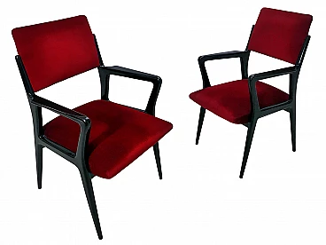 Pair of red velvet armchairs, 1950s