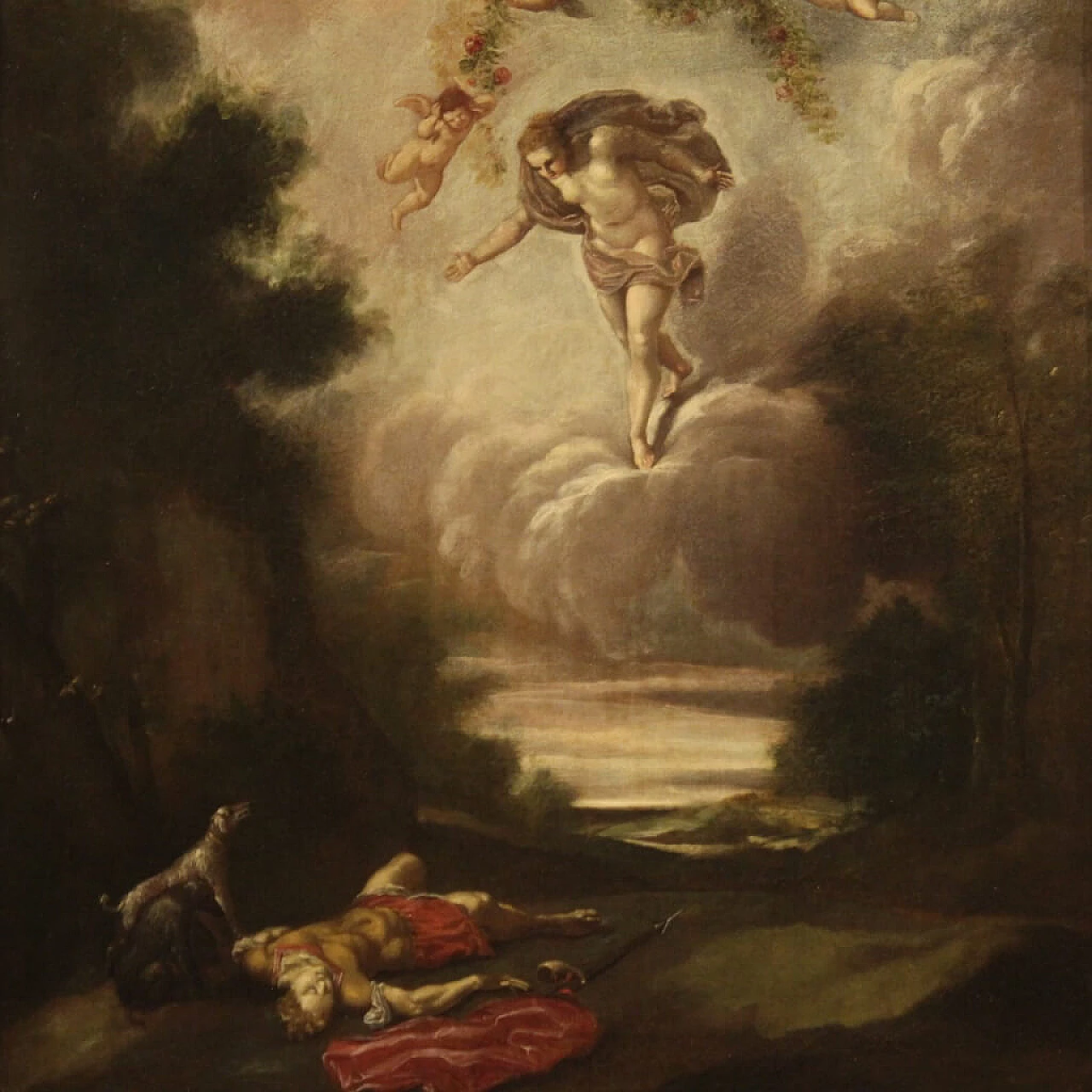 La morte di Adone, dipinto italiano olio su tela, '600 1362572