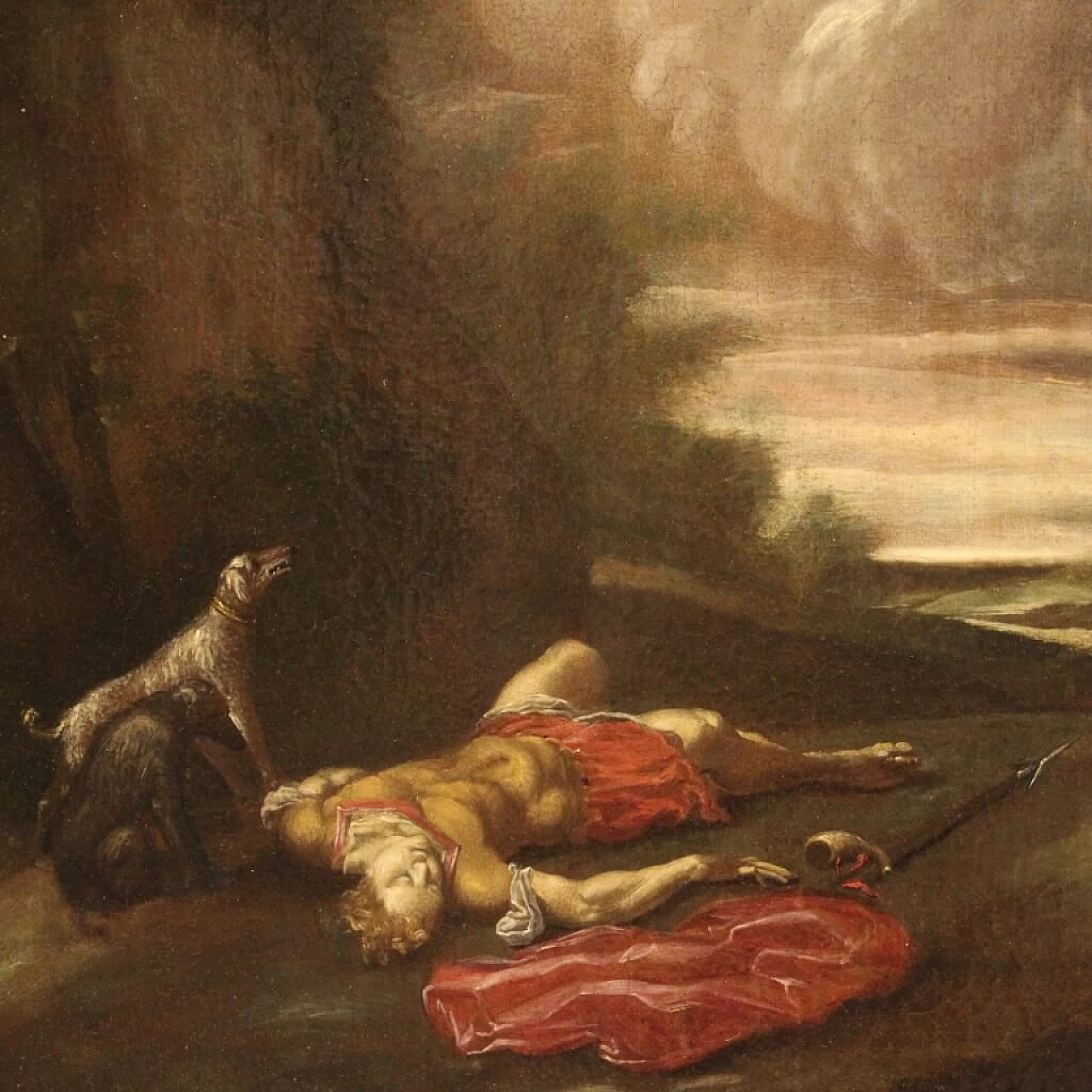 La morte di Adone, dipinto italiano olio su tela, '600 1362574